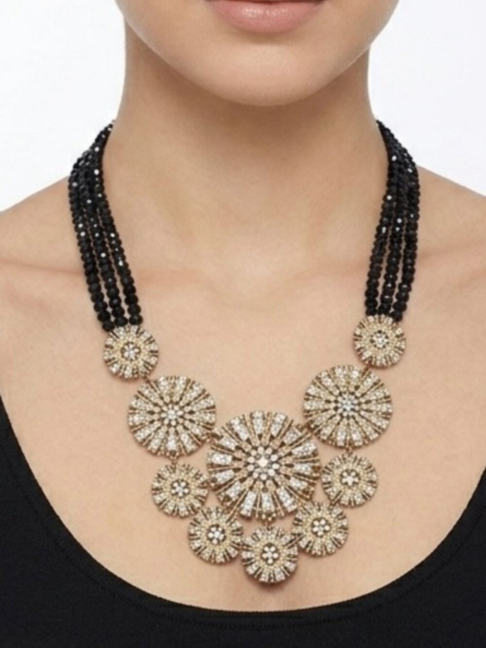 Anthropologie Black Crystal 5-Strand Rhinestone Starburst Bib Statement Necklace